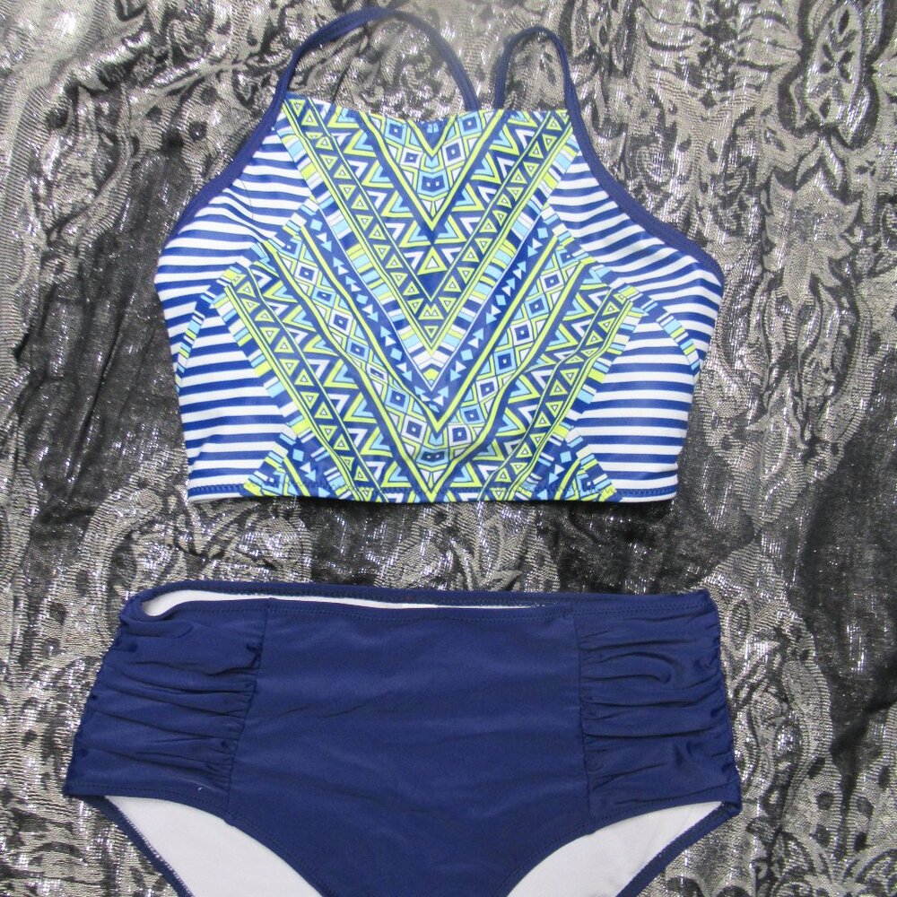 2pc Bikini Swim Suit Blue and Green Boho Print Size L